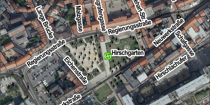 ein Kartenausschnitt von Erfurt mit Markierung des Referenzpunktes im Hirschgarten